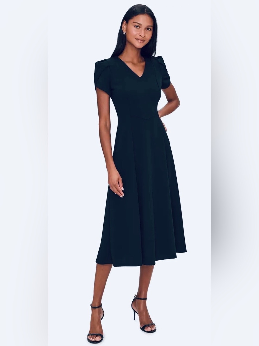 Navy Calvin Klein Scuba Crepe Tulip Sleeve A-Line Midi Dress (NWOT)